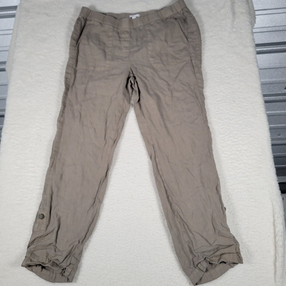 Pure Jill Linen Pants Women Size M Brown Garment Dyed Straight Leg Elastic Waist
